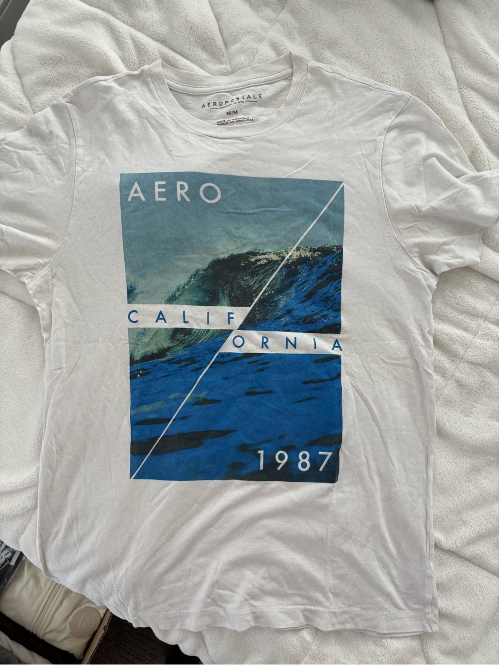 Aeropostale White Graphic Tee with Blue Surf Panels